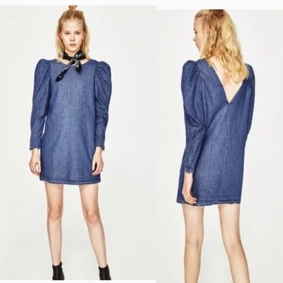 Zara puff sleeves low back‎ chambray denim dress size XS - Picture 1 of 7